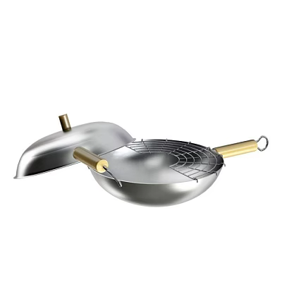 Durable Stainless Steel Silver Wok With Lid Wooden Handle And Metal Grid 3d model