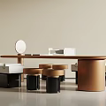 Modern Brown Round Desk With White Benches Black Stools And Decorative Mirror