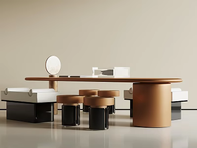 Modern Brown Round Desk With White Benches Black Stools And Decorative Mirror 3d model