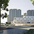Modern School Building Complex With Green Roofs Courtyard And Surrounding High Rise Buildings