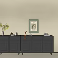 Modern Minimalist Dark Gray Entryway Cabinet And Side Cabinet With Decorative Vases And Wall Art