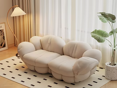 Modern Cream Lounge Chair With Cloud-like Curved Design Floor Lamp Green Plant And Rug 3d model