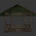 Hexagonal Outdoor Pavilion With Thatch Roof Wooden Structure And Table Chairs Inside