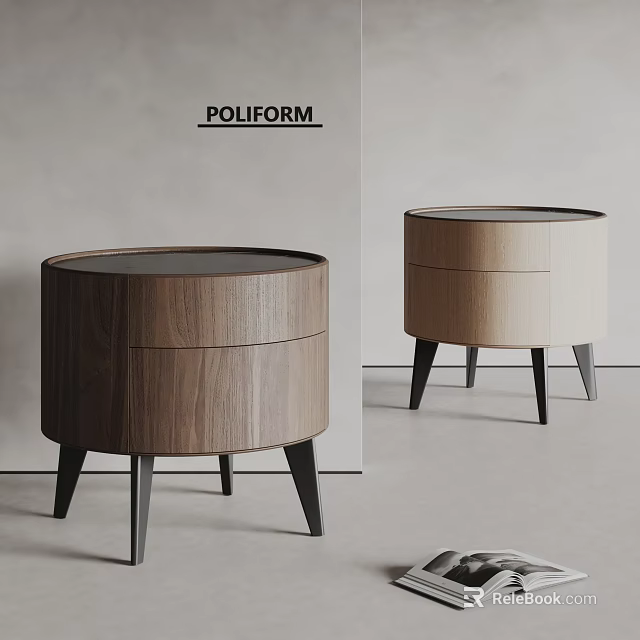 Elegant Modern Poliform Bedside Tables With Wooden Drawers Round Top And Black Legs 3d model 