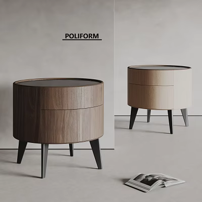 Elegant Modern Poliform Bedside Tables With Wooden Drawers Round Top And Black Legs 3d model