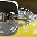 4S Car Dealership Showroom Featuring Black Patterned Sports Car Yellow Signs And Hexagonal Ceiling Lights