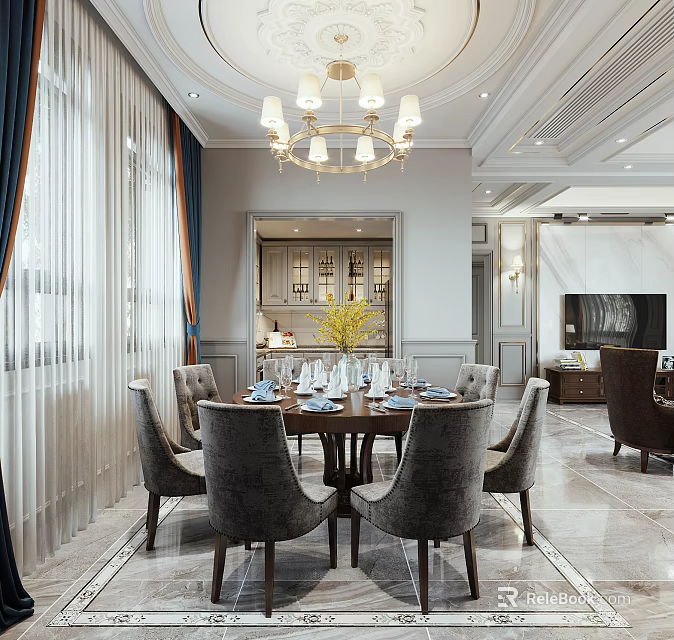 Elegant Modern Restaurant Interior With Dining Table Gray Chairs Tableware And Chandelier 3d model 