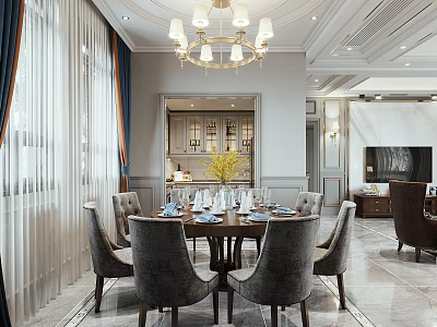 Elegant Modern Restaurant Interior With Dining Table Gray Chairs Tableware And Chandelier 3d model