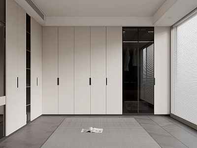 Modern Walk-in Closet Interior With White Cabinets Glass Doors And Gray Flooring 3d model
