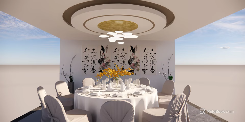 Elegant Round Dining Table Set With White Tablecloth Yellow Flowers And Calligraphy Decor 3d model