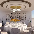 Elegant Round Dining Table Set With White Tablecloth Yellow Flowers And Calligraphy Decor 3d model