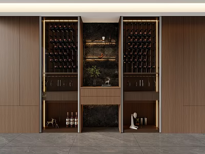 Modern Wine Cabinet Design With Wooden Panels Built in Lighting And Wine Racks 3d model