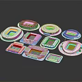 Various Shaped Stadium Architectural Models With Green Fields And Red Blue Stands 3d model