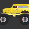 Yellow Monster Truck Toy Model With Large Red Trimmed Tires And Open Roof
