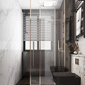 Elegant Modern Bathroom With Marble Walls Transparent Glass Shower Black Toilet And Wall Mounted Shelves