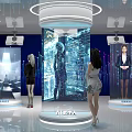 Technology Exhibition Hall Showcasing AI Digital Human With Interactive Podiums And Visitors Viewing Digital Projections