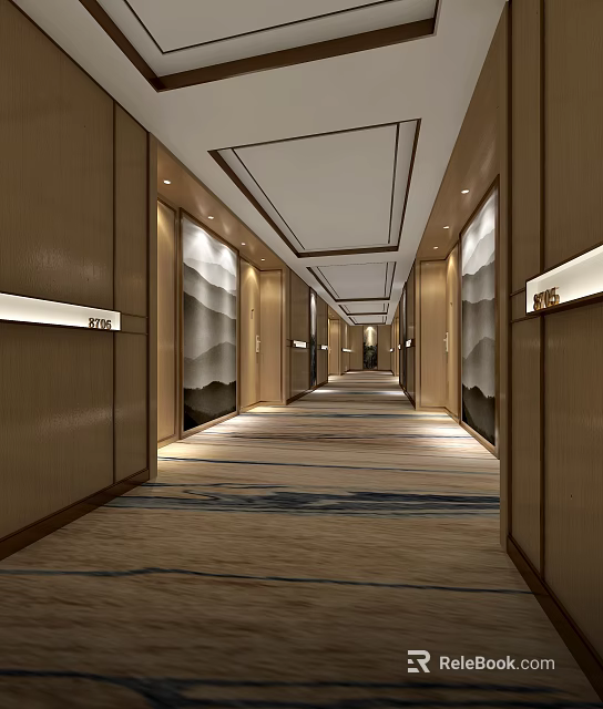 Elegant Hotel Corridor With Wooden Walls Decorative Paintings Carpeted Floor And Ceiling Lighting 3d model 