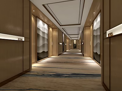 Elegant Hotel Corridor With Wooden Walls Decorative Paintings Carpeted Floor And Ceiling Lighting 3d model
