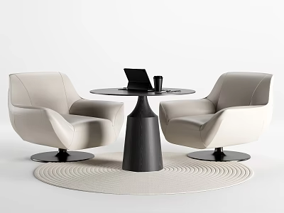 Modern Stylish Table And Chair Set With Beige Leather Chairs Black Round Table And Carpet 3d model