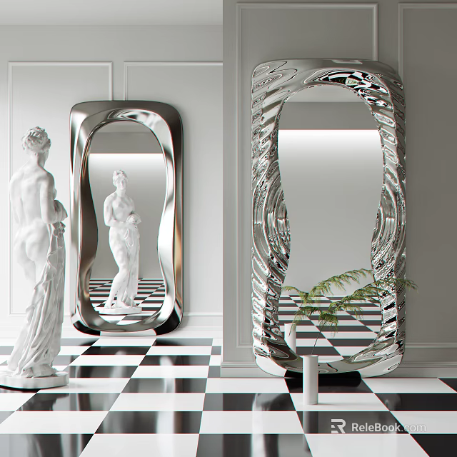 Modern Decorative Mirrors With Swirled Frames In Black And White Checkered Interior 3d model 
