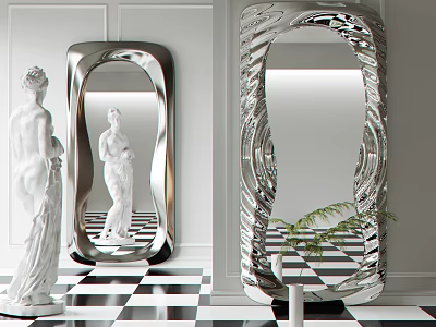 Modern Decorative Mirrors With Swirled Frames In Black And White Checkered Interior 3d model