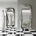 Modern Decorative Mirrors With Swirled Frames In Black And White Checkered Interior 3d model