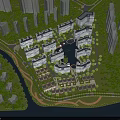Aerial View Planning of Modern Residential Area with River Green Spaces and Roads
