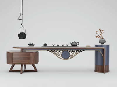 Traditional Chinese Wooden Tea Table and Chairs with Intricate Carving Tea Set and Decorative Vase 3d model