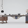 Traditional Chinese Wooden Tea Table and Chairs with Intricate Carving Tea Set and Decorative Vase