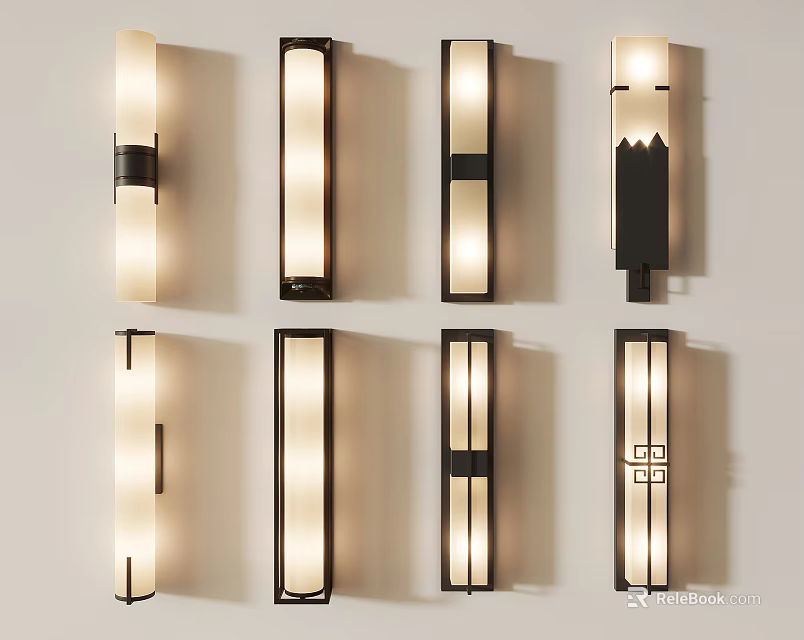 Stylish Modern Wall Lamps with Various Designs Mounted on Light Background 3d model