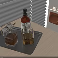Whiskey Bottle And Crystal Glasses On Gray Tray In Modern Interior With Blinds And Minoti Panel