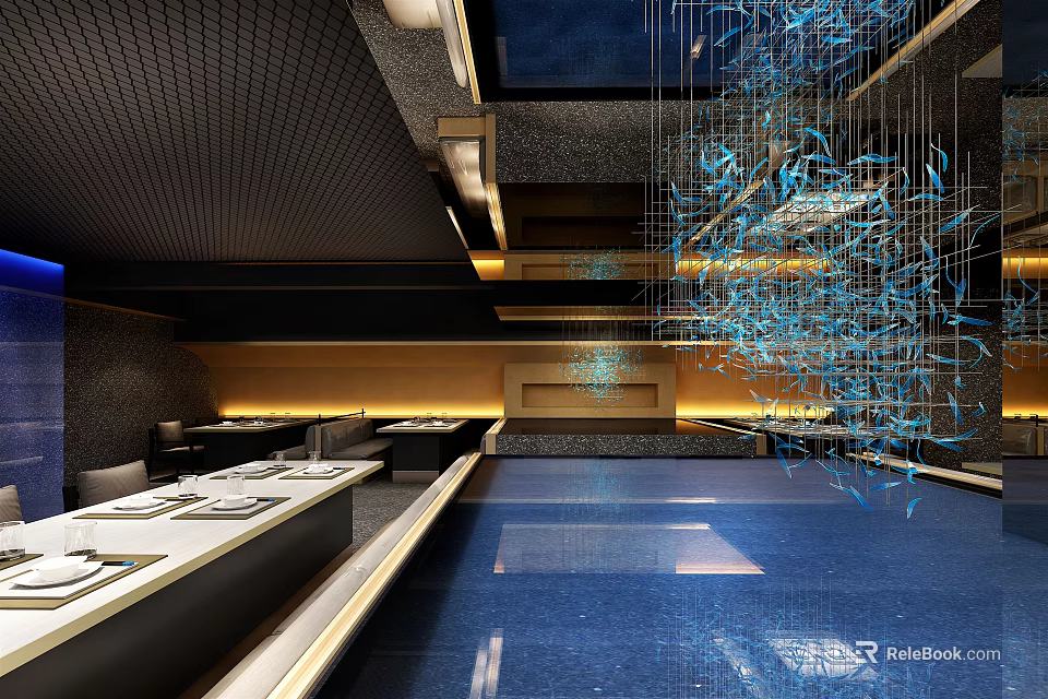 Modern Restaurant Interior With Blue Hanging Decorations Open Layout And Warm Lighting 3d model