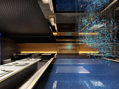 Modern Restaurant Interior With Blue Hanging Decorations Open Layout And Warm Lighting 3d model