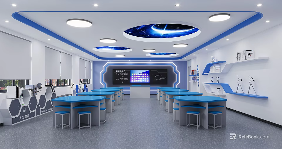 School Modern Science Laboratory With Blue Tables Blackboard And Educational Displays 3d model 
