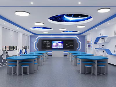 School Modern Science Laboratory With Blue Tables Blackboard And Educational Displays 3d model