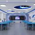 School Modern Science Laboratory With Blue Tables Blackboard And Educational Displays