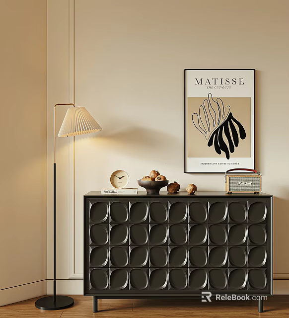 Modern Entryway Cabinet Sideboard With Black Circular Patterns Table Lamp And Art Print Decor 3d model