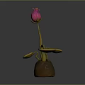 Cartoon Scene Featuring Pink Flower Bud Green Curly Stem Round Leaves And Brown Pot