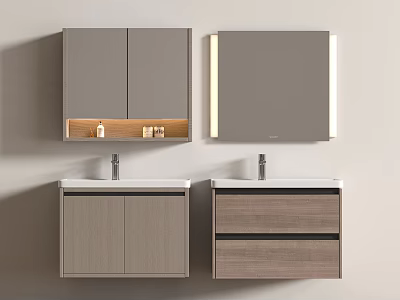 Modern Bathroom Double Vanities With Wall Cabinets Lighted Mirrors Gray Wooden Texture Open Shelf Toiletries 3d model