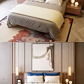Double Bed with Wooden Headboard Background Wall Painting Blue White Pillows Nightstands Lamps Decorative Rug