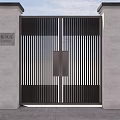 New Chinese Style Gate With Black Striped Design Gray Stone Pillars And Trees