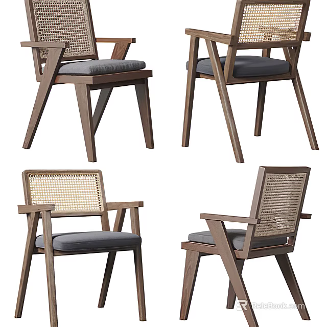 Modern Wooden Frame Accent Chair with Woven Backrest and Gray Padded Seat 3d model 