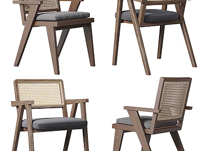 Modern Wooden Frame Accent Chair with Woven Backrest and Gray Padded Seat 3d model