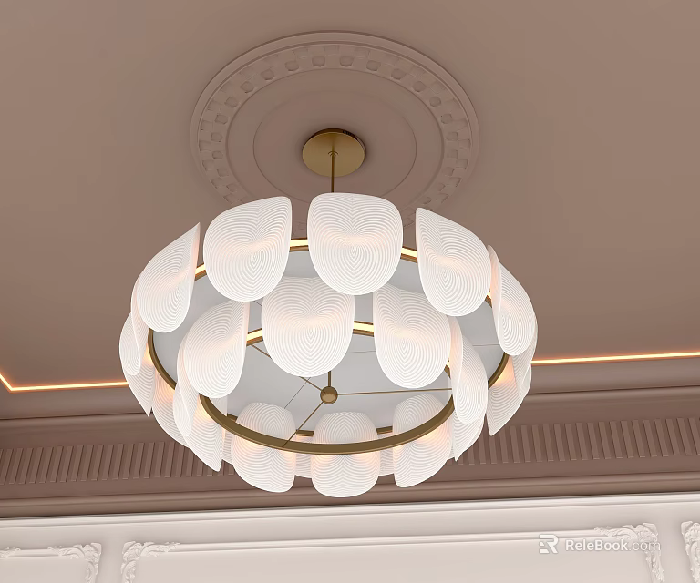 Modern Chandelier With White Shades And Gold Frame On Decorative Ceiling 3d model 