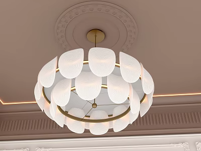 Modern Chandelier With White Shades And Gold Frame On Decorative Ceiling 3d model