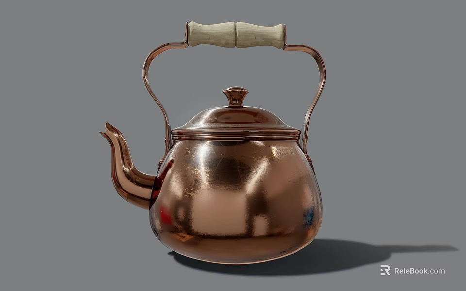 Elegant Shiny Copper Teapot With White Wooden Handle And Rounded Design 3d model 