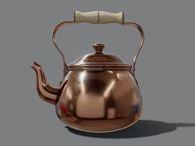 Elegant Shiny Copper Teapot With White Wooden Handle And Rounded Design 3d model