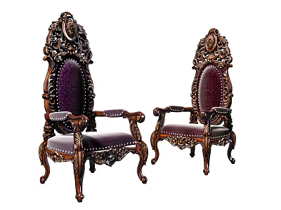 Classic Wooden Dining Chairs With Ornate Carvings Purple Velvet Upholstery And Armrests 3d model