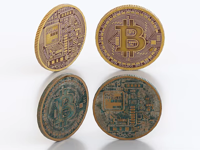 Bitcoin Coin Ornaments Decorative Set With Gold And Bronze Circuit Board Design 3d model