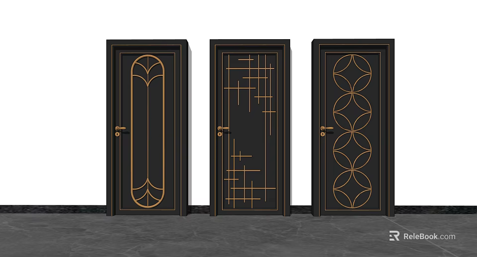 Black Swing Doors With Golden Decorative Patterns And Various Designs For Home 3d model 